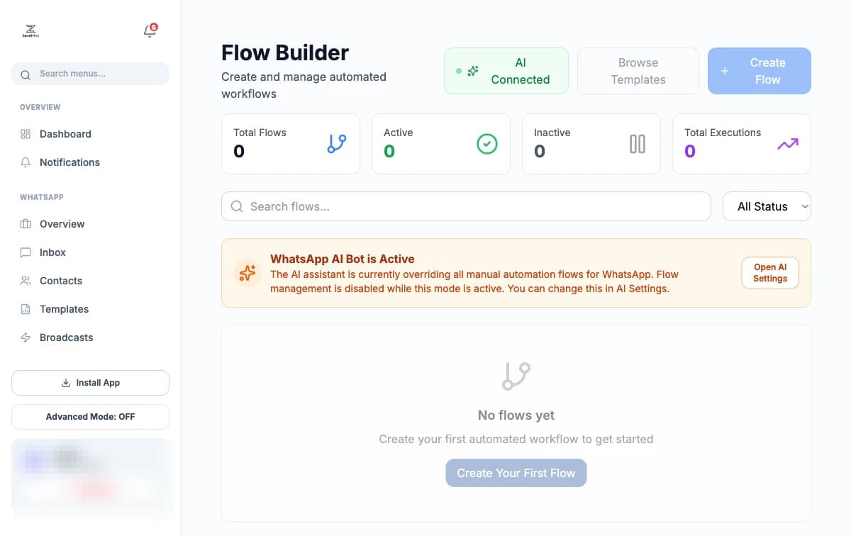 ZenAIPilot flow builder screenshot showing automation nodes